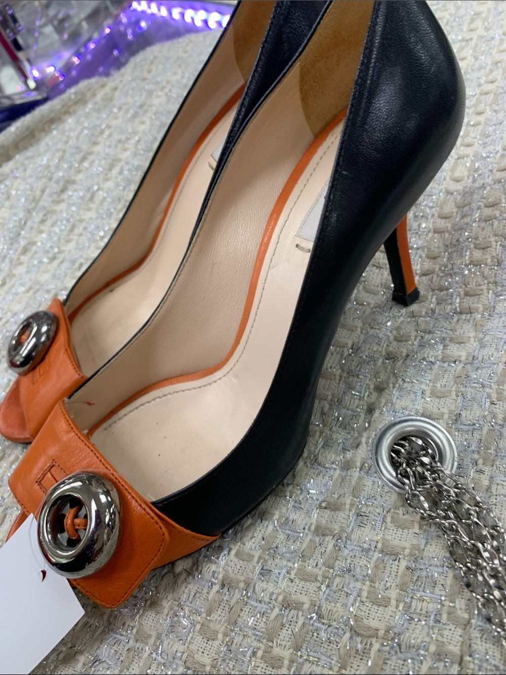 Prada Black Leather Pumps with Orange Trim and Silver Buckle - Picture 7 of 9